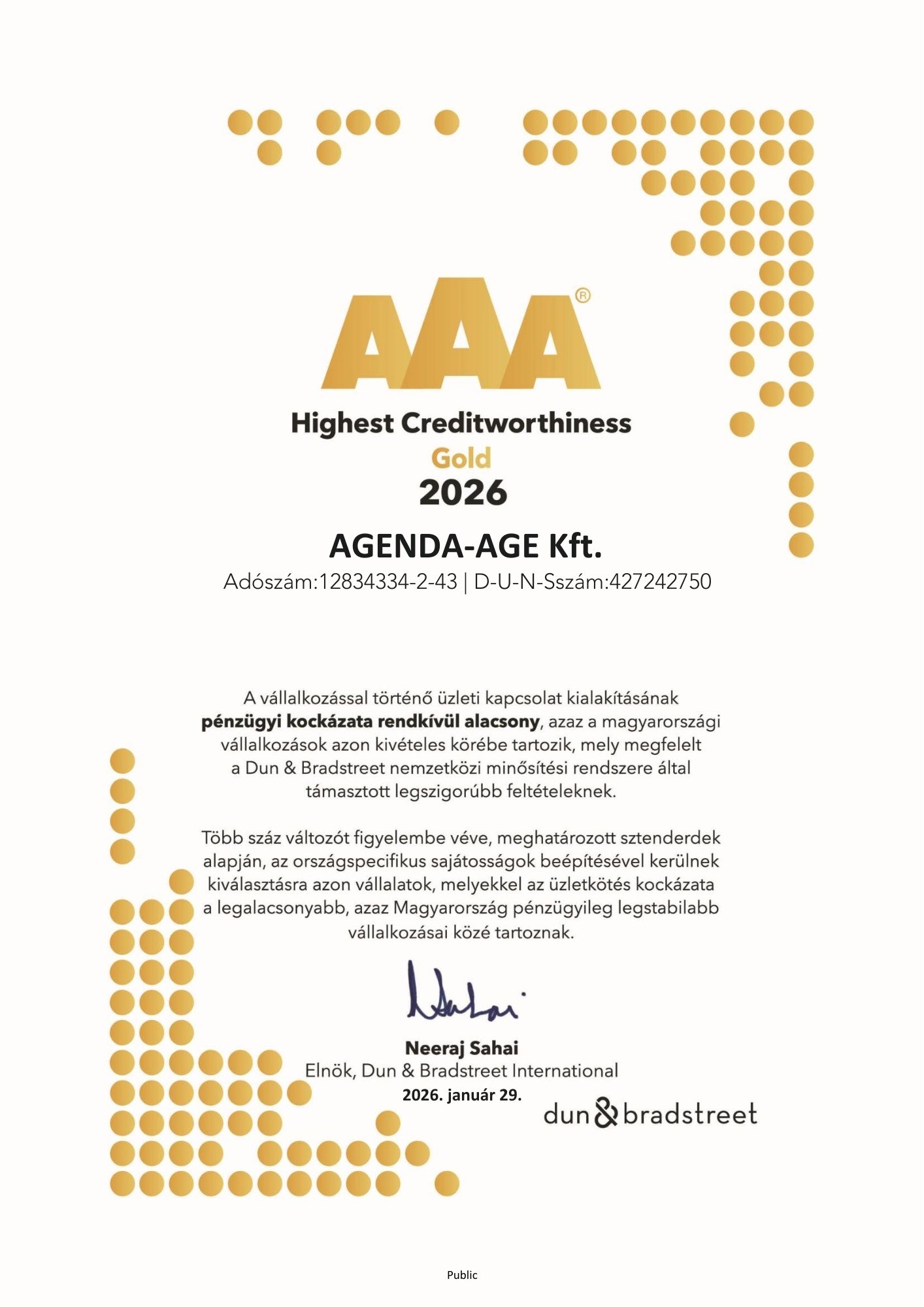 Agenda-Age Kft. D&B GOLD tanusítvány 2026